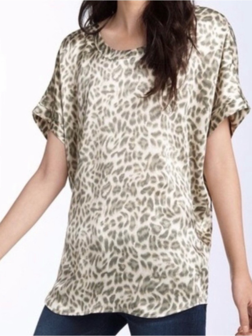 Joie Blouse Women's Beige Grey 100% Silk Short Sleeve Animal Print Leopard Sz L